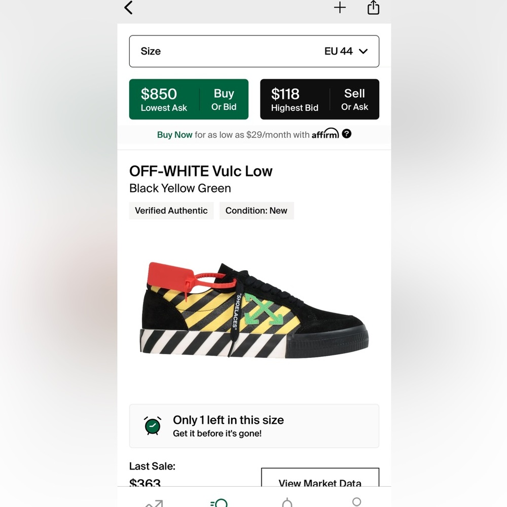 Authentic OFF-WHITE Vulc Low (Black,Yellow,Green)